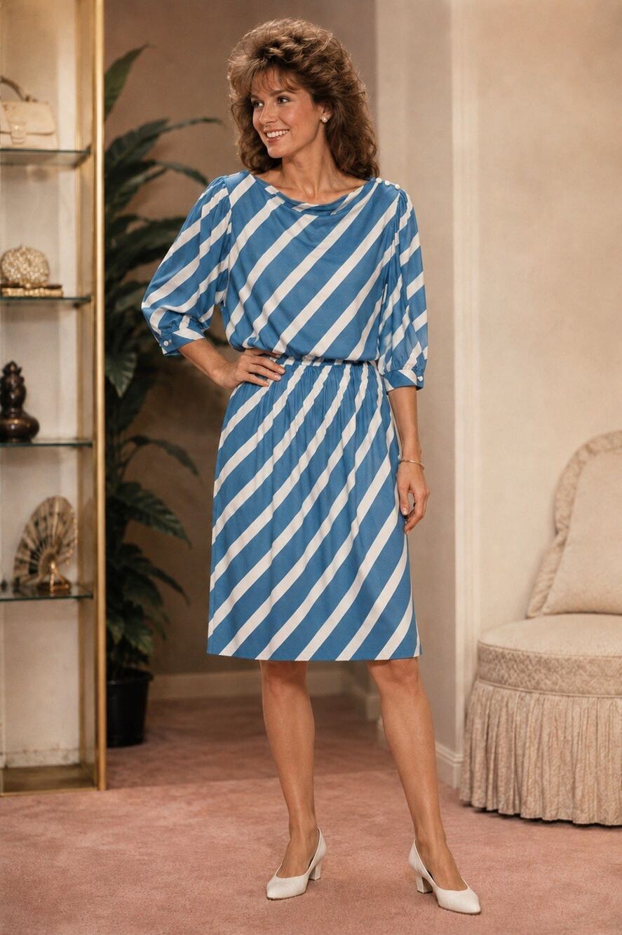 Vintage 80s Joni Blair Of California Blue White Dress retro Size 14